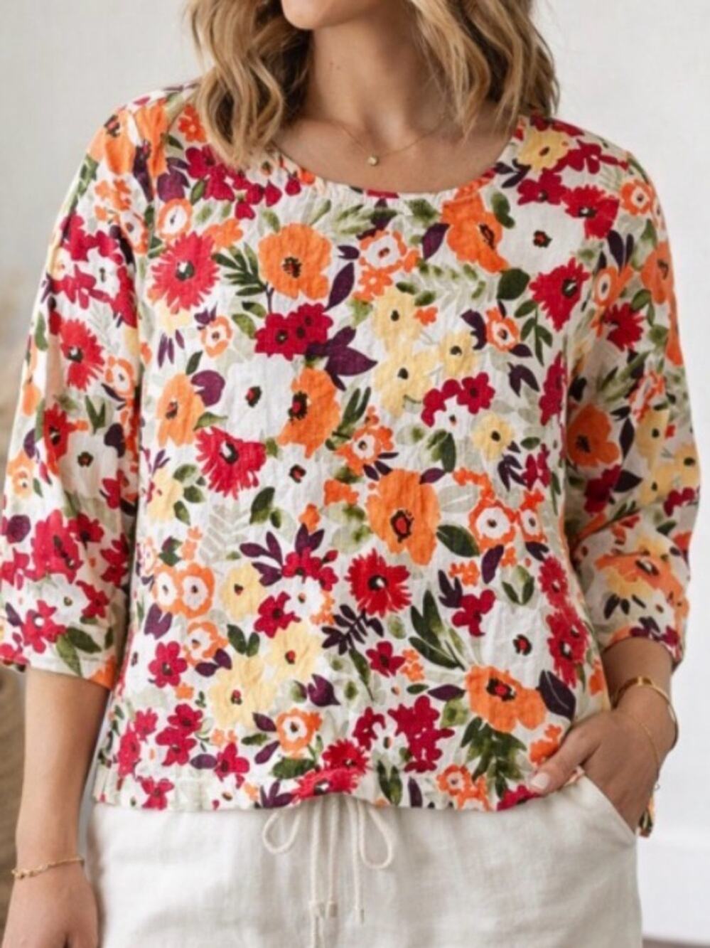 100% Linen Blouse 3/4 Sleeve Floral Colorful Boxy Top size large coastal grandma